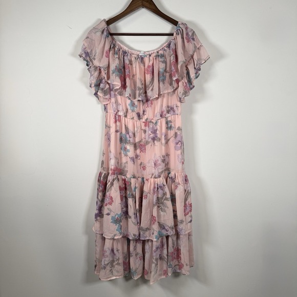 Blueivy Women's Ruffle Layered Dress Large Maxi Tiered Pink Floral Whimsical - Picture 1 of 6